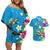 Hawaiian Tropical Flower and Honu Under Blue Water Couples Matching Off Shoulder Short Dress and Hawaiian Shirt