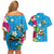 Hawaiian Tropical Flower and Honu Under Blue Water Couples Matching Off Shoulder Short Dress and Hawaiian Shirt