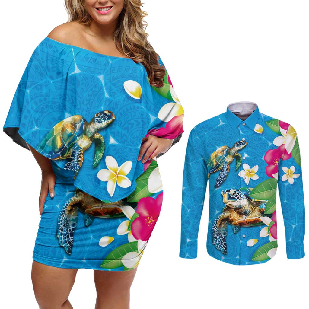 Hawaiian Tropical Flower and Honu Under Blue Water Couples Matching Off Shoulder Short Dress and Long Sleeve Button Shirt