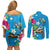 Hawaiian Tropical Flower and Honu Under Blue Water Couples Matching Off Shoulder Short Dress and Long Sleeve Button Shirt