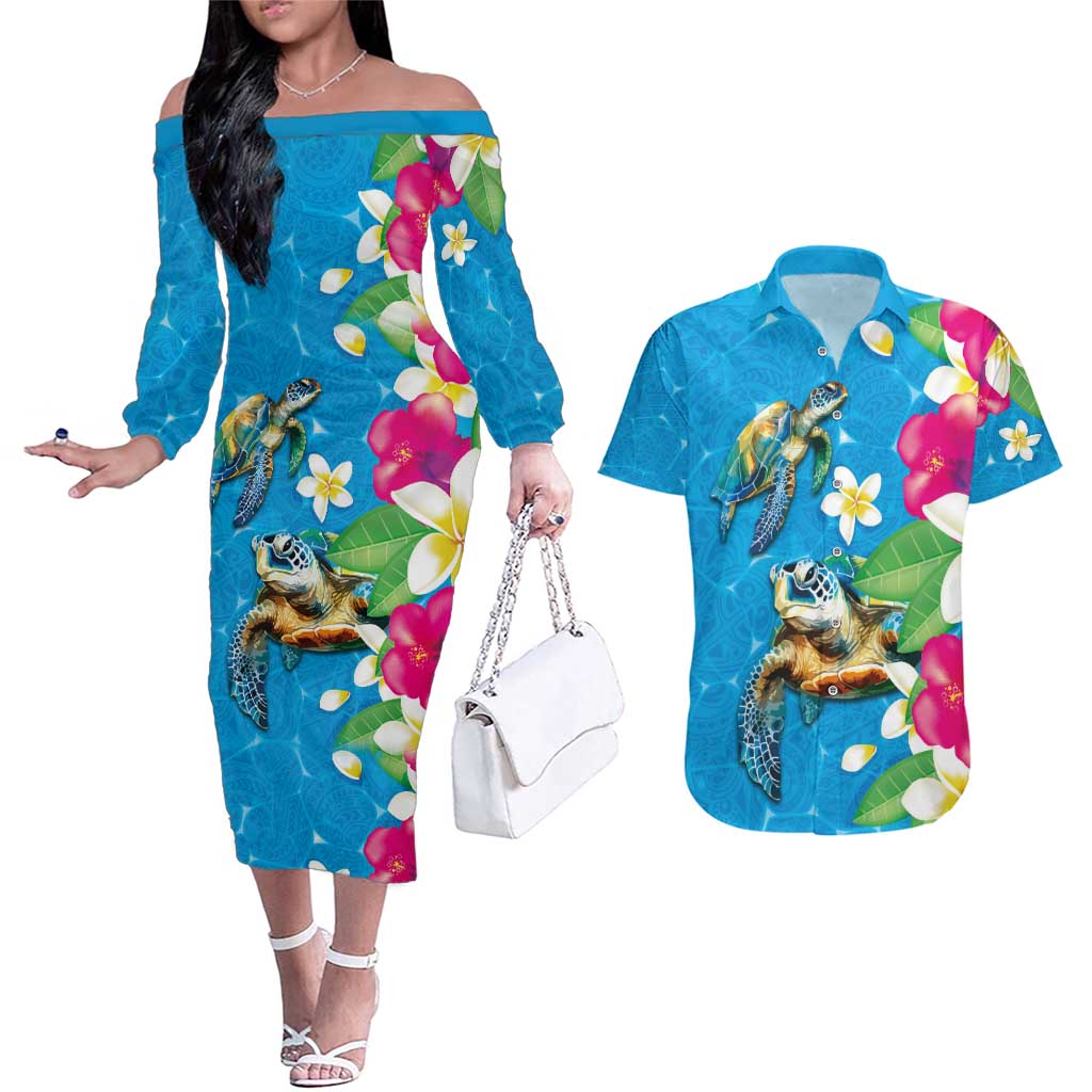 Hawaiian Tropical Flower and Honu Under Blue Water Couples Matching Off The Shoulder Long Sleeve Dress and Hawaiian Shirt