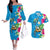 Hawaiian Tropical Flower and Honu Under Blue Water Couples Matching Off The Shoulder Long Sleeve Dress and Hawaiian Shirt