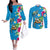 Hawaiian Tropical Flower and Honu Under Blue Water Couples Matching Off The Shoulder Long Sleeve Dress and Long Sleeve Button Shirt