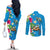 Hawaiian Tropical Flower and Honu Under Blue Water Couples Matching Off The Shoulder Long Sleeve Dress and Long Sleeve Button Shirt