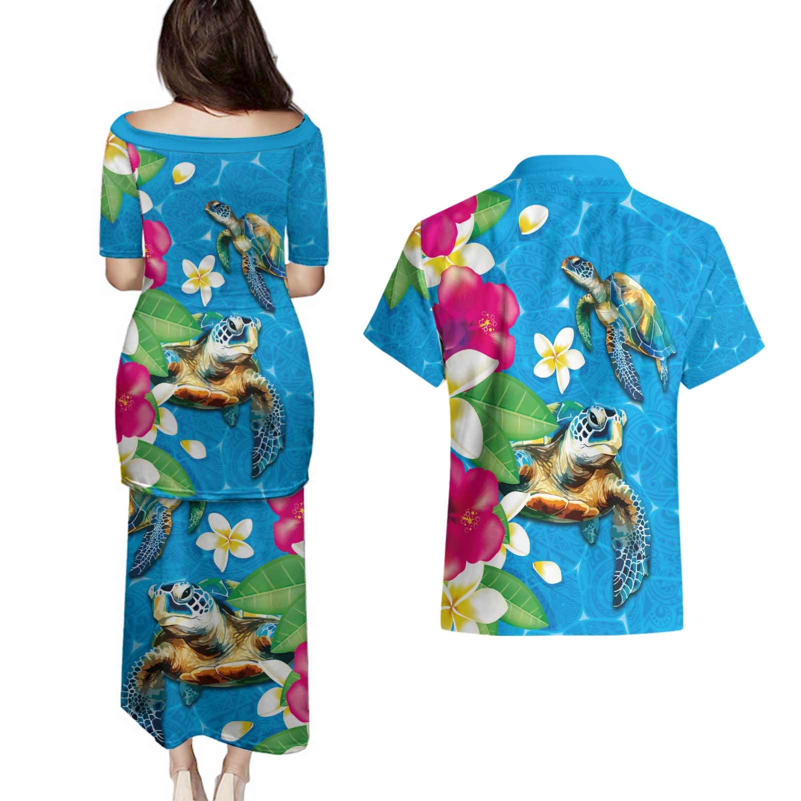 Hawaiian Tropical Flower and Honu Under Blue Water Couples Matching Puletasi and Hawaiian Shirt