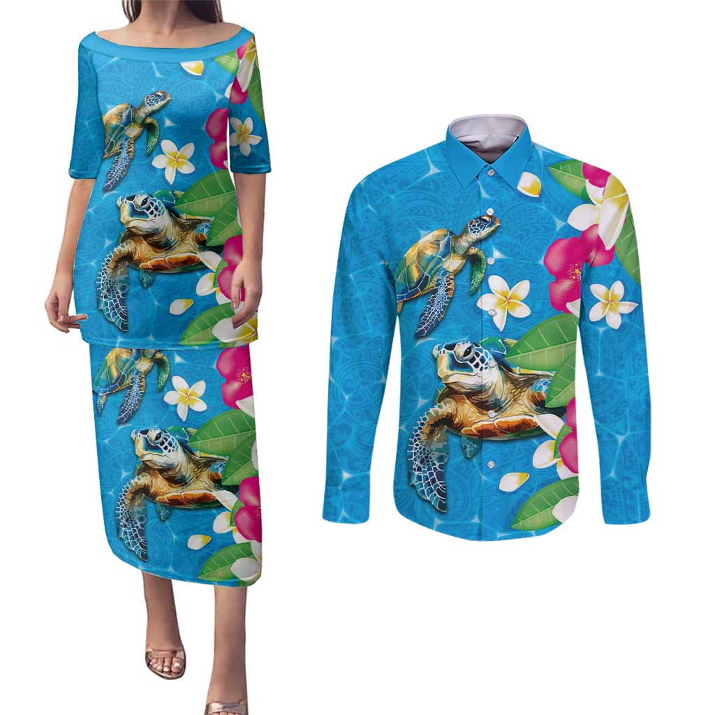 Hawaiian Tropical Flower and Honu Under Blue Water Couples Matching Puletasi and Long Sleeve Button Shirt LT03 Blue - Polynesian Pride