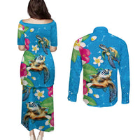 Hawaiian Tropical Flower and Honu Under Blue Water Couples Matching Puletasi and Long Sleeve Button Shirt LT03 - Polynesian Pride