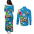 Hawaiian Tropical Flower and Honu Under Blue Water Couples Matching Puletasi and Long Sleeve Button Shirt