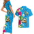 Hawaiian Tropical Flower and Honu Under Blue Water Couples Matching Short Sleeve Bodycon Dress and Hawaiian Shirt