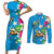 Hawaiian Tropical Flower and Honu Under Blue Water Couples Matching Short Sleeve Bodycon Dress and Long Sleeve Button Shirt