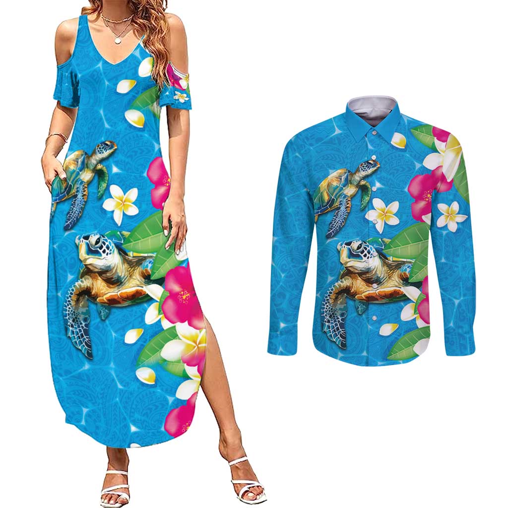 Hawaiian Tropical Flower and Honu Under Blue Water Couples Matching Summer Maxi Dress and Long Sleeve Button Shirt