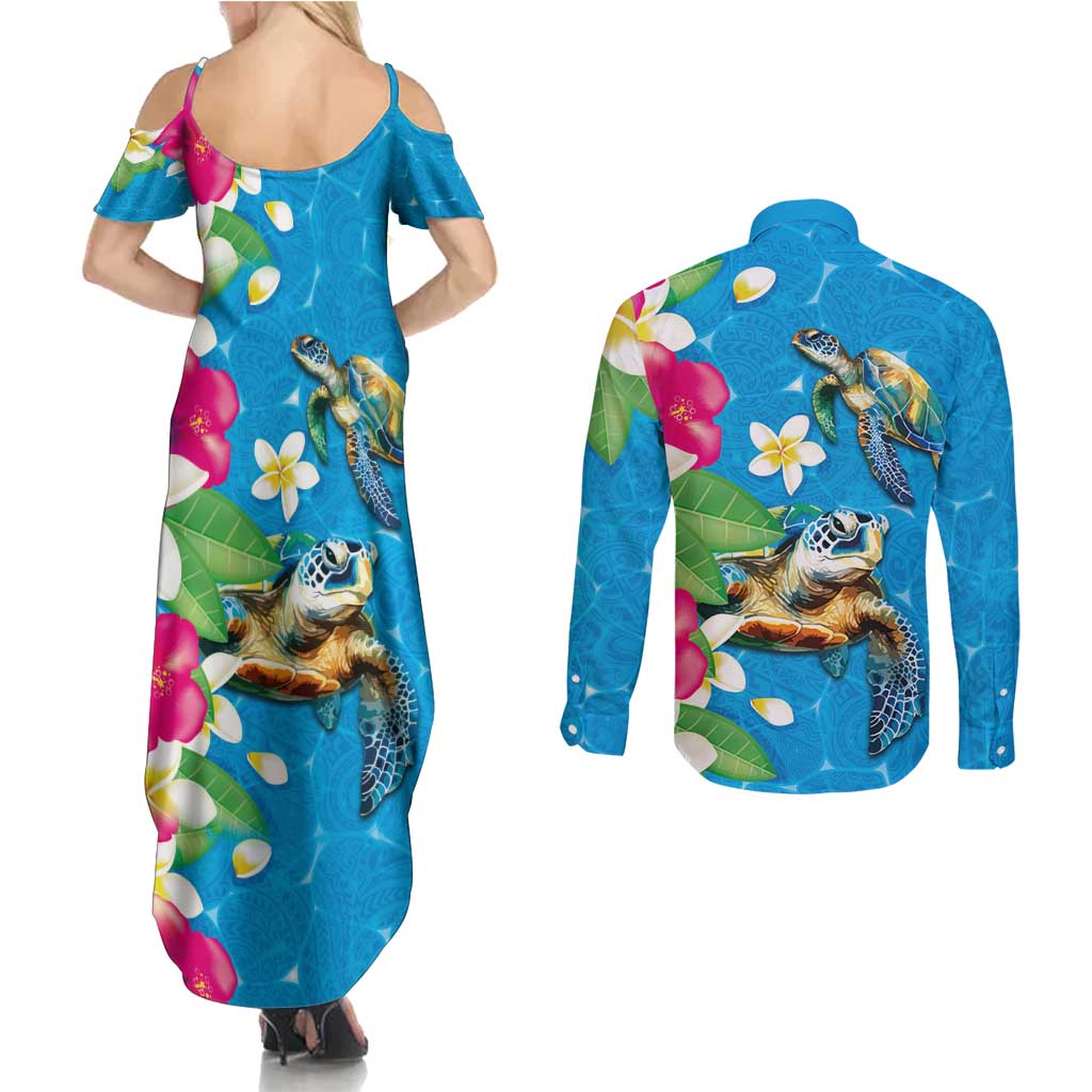 Hawaiian Tropical Flower and Honu Under Blue Water Couples Matching Summer Maxi Dress and Long Sleeve Button Shirt LT03 - Polynesian Pride