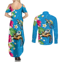 Hawaiian Tropical Flower and Honu Under Blue Water Couples Matching Summer Maxi Dress and Long Sleeve Button Shirt LT03 - Polynesian Pride