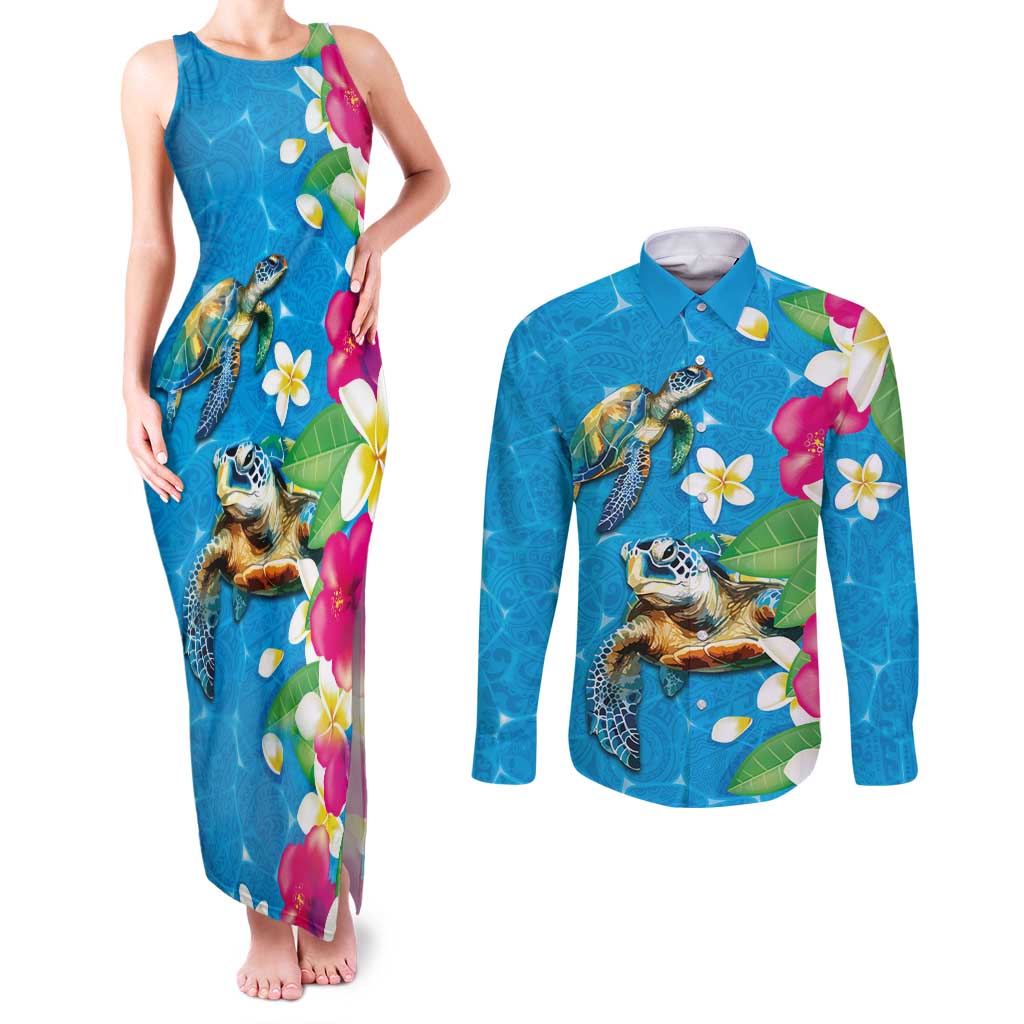 Hawaiian Tropical Flower and Honu Under Blue Water Couples Matching Tank Maxi Dress and Long Sleeve Button Shirt