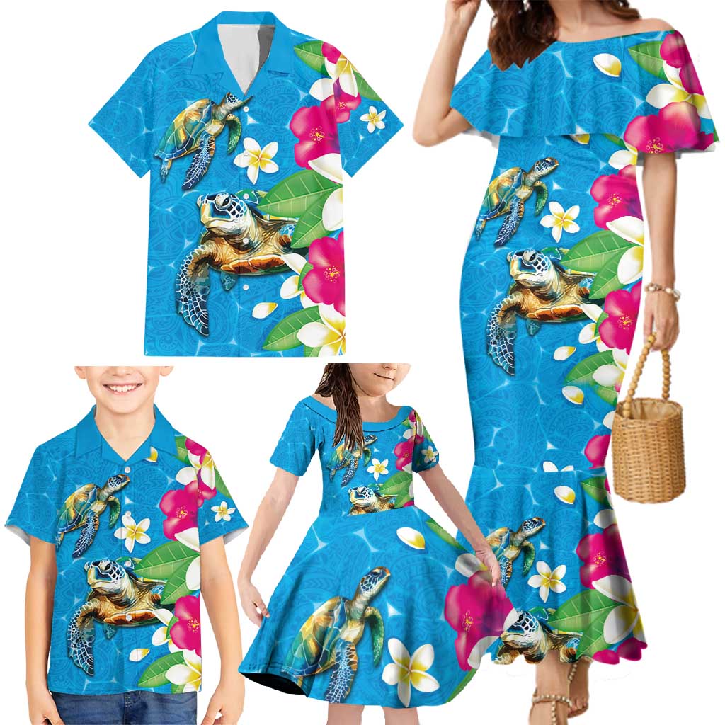 Hawaiian Tropical Flower and Honu Under Blue Water Family Matching Mermaid Dress and Hawaiian Shirt