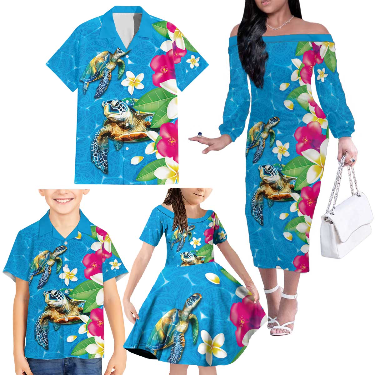 Hawaiian Tropical Flower and Honu Under Blue Water Family Matching Off The Shoulder Long Sleeve Dress and Hawaiian Shirt