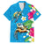 Hawaiian Tropical Flower and Honu Under Blue Water Family Matching Off The Shoulder Long Sleeve Dress and Hawaiian Shirt