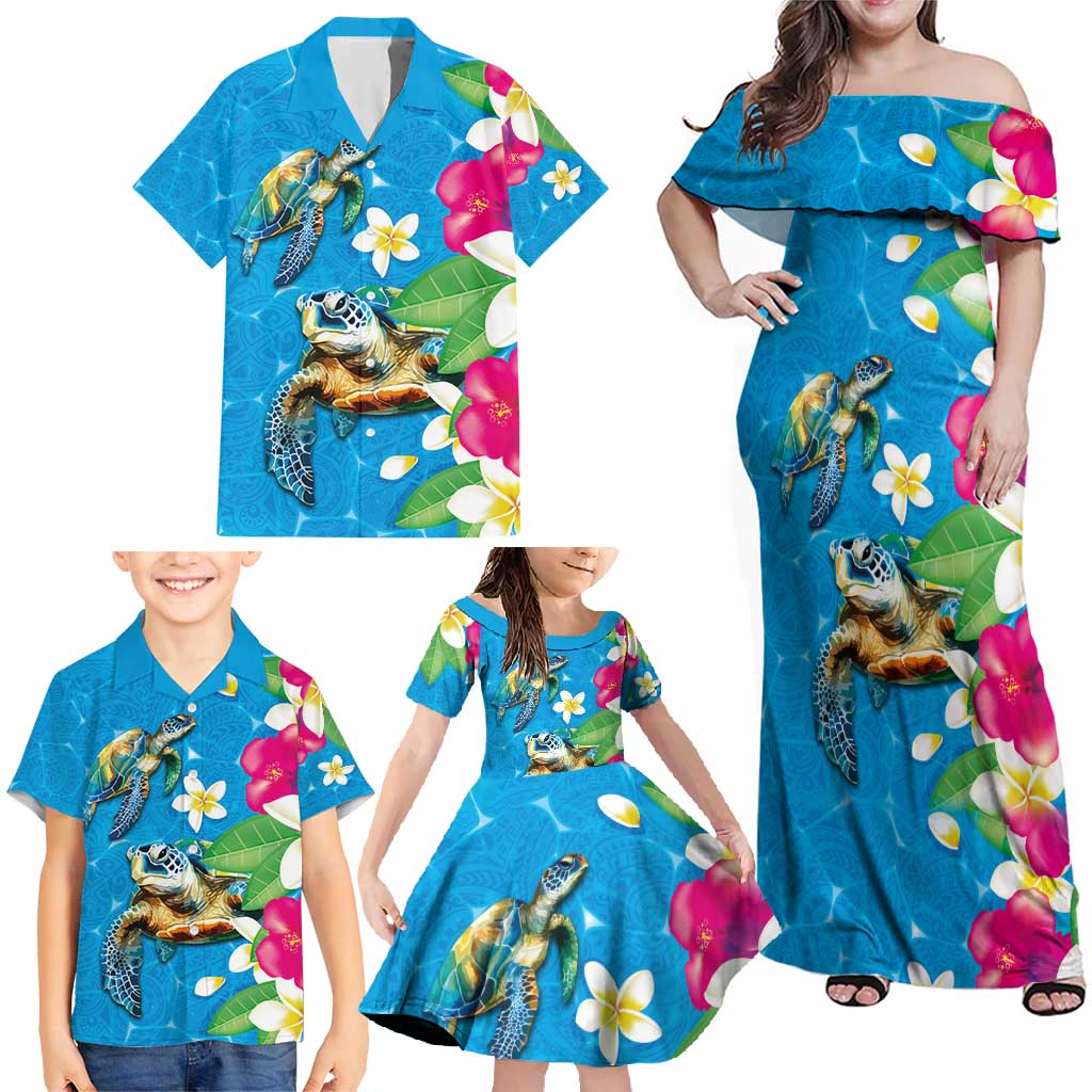 Hawaiian Tropical Flower and Honu Under Blue Water Family Matching Off Shoulder Maxi Dress and Hawaiian Shirt