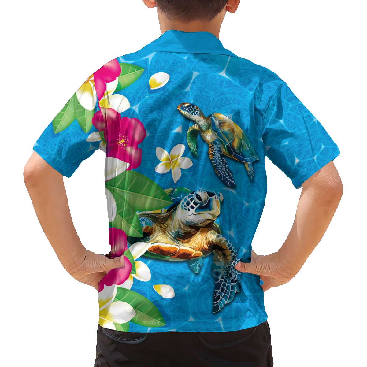 Hawaiian Tropical Flower and Honu Under Blue Water Family Matching Off Shoulder Short Dress and Hawaiian Shirt