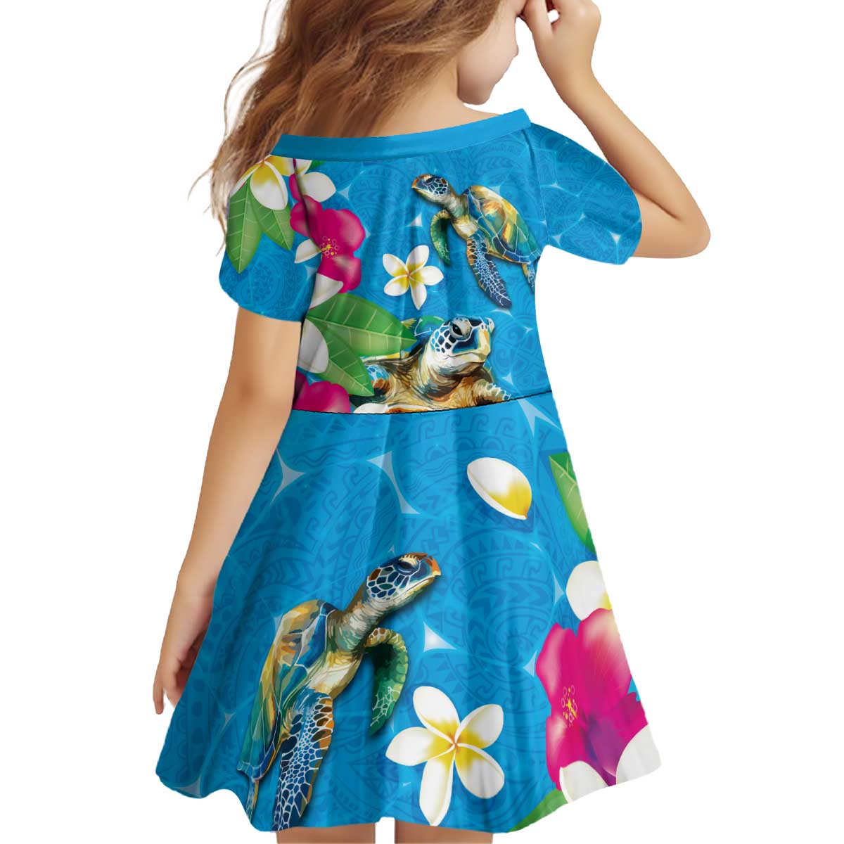 Hawaiian Tropical Flower and Honu Under Blue Water Family Matching Off Shoulder Short Dress and Hawaiian Shirt