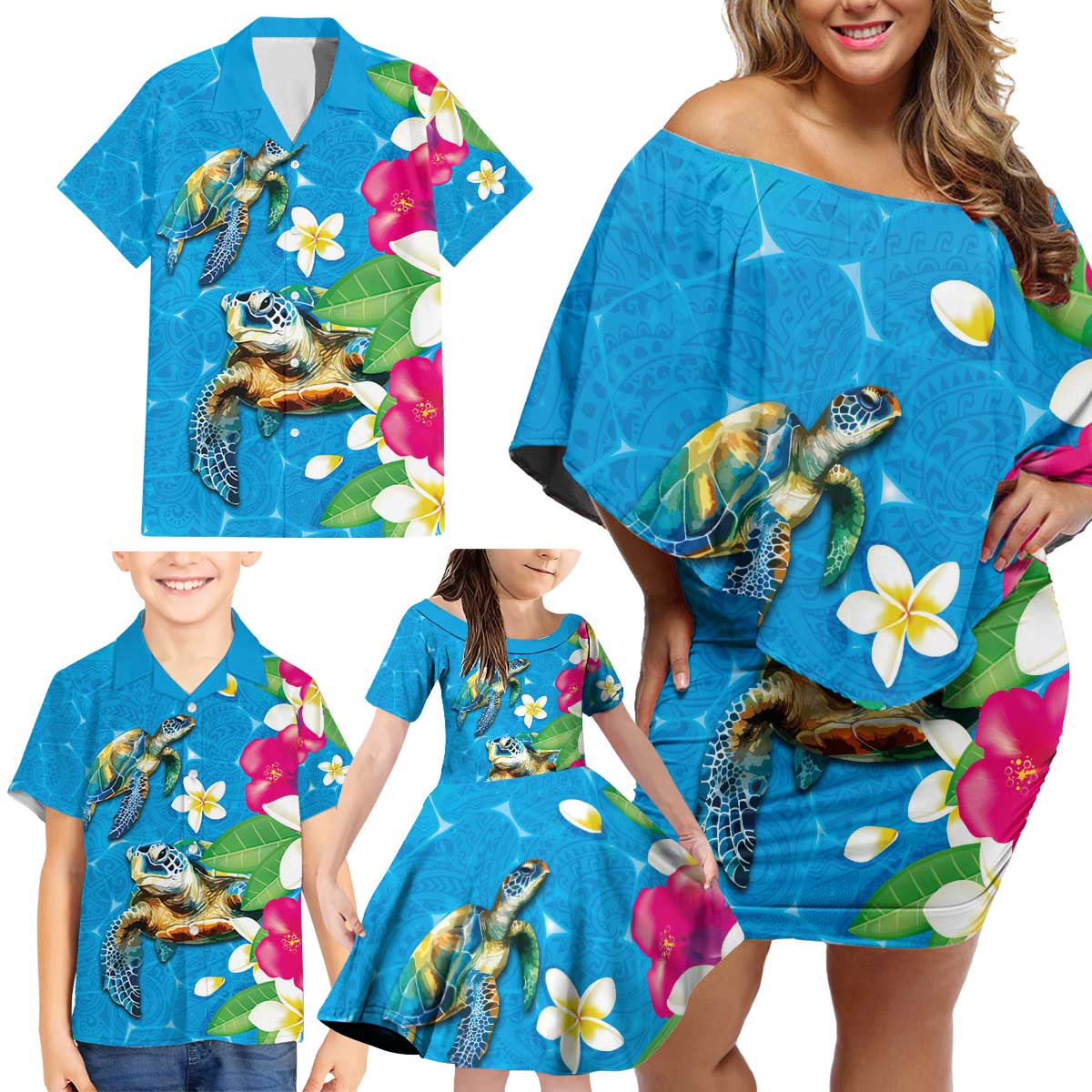 Hawaiian Tropical Flower and Honu Under Blue Water Family Matching Off Shoulder Short Dress and Hawaiian Shirt