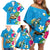 Hawaiian Tropical Flower and Honu Under Blue Water Family Matching Off Shoulder Short Dress and Hawaiian Shirt