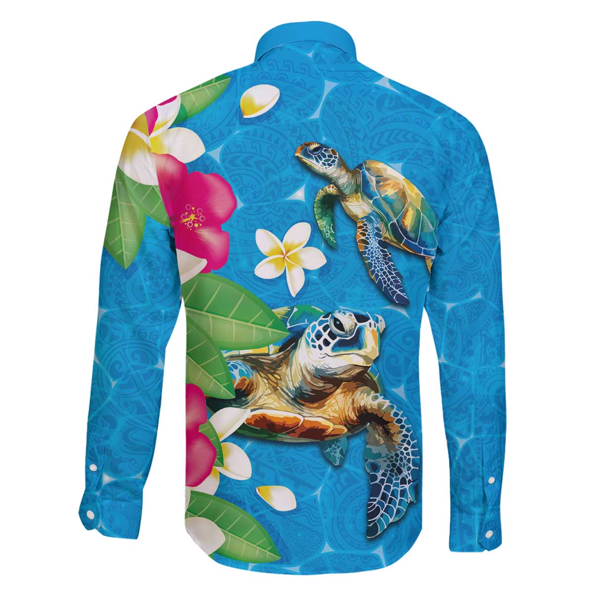 Hawaiian Tropical Flower and Honu Under Blue Water Family Matching Off Shoulder Short Dress and Hawaiian Shirt