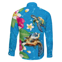 Hawaiian Tropical Flower and Honu Under Blue Water Family Matching Off Shoulder Short Dress and Hawaiian Shirt