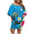 Hawaiian Tropical Flower and Honu Under Blue Water Family Matching Off Shoulder Short Dress and Hawaiian Shirt