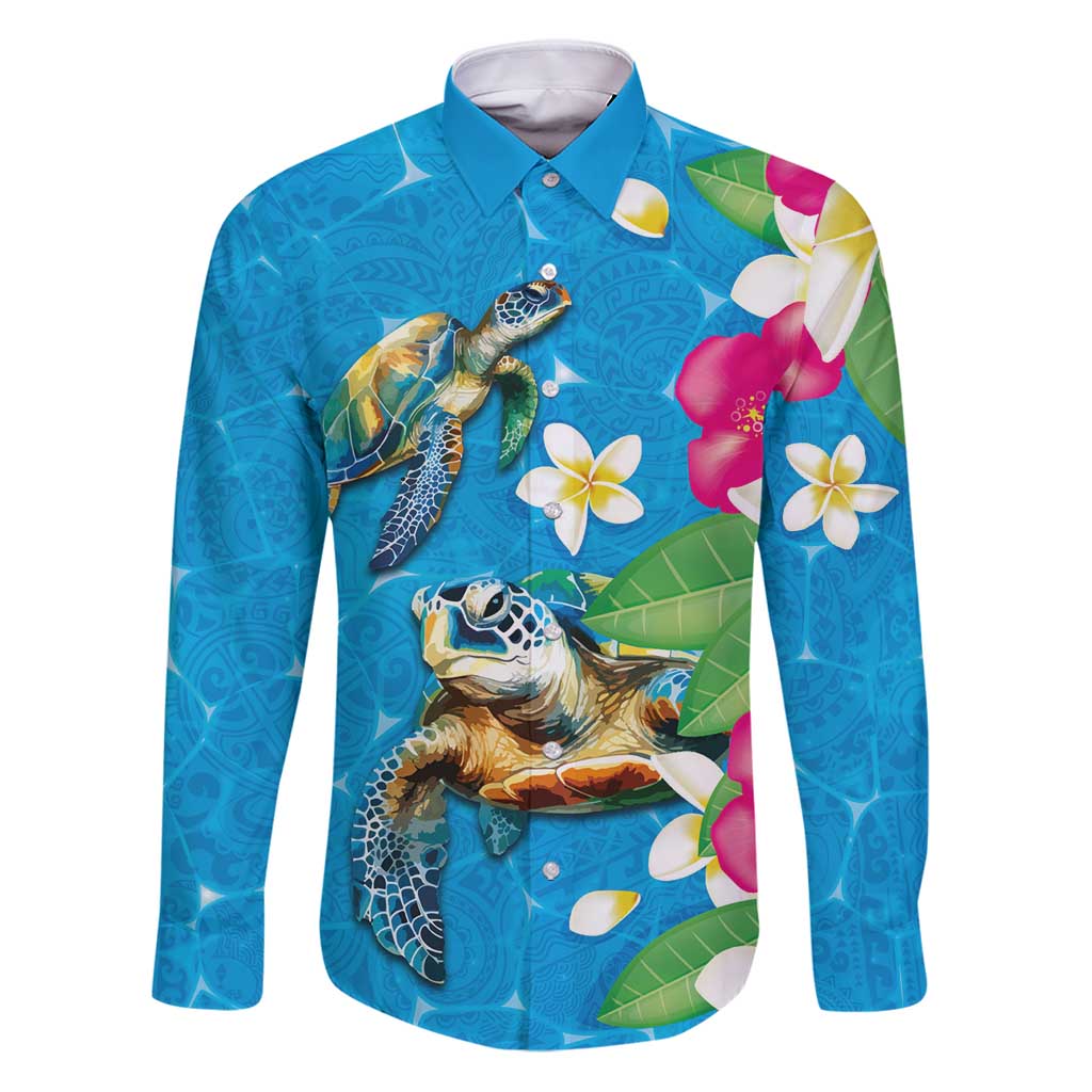 Hawaiian Tropical Flower and Honu Under Blue Water Family Matching Puletasi and Hawaiian Shirt LT03 Dad's Shirt - Long Sleeve Blue - Polynesian Pride