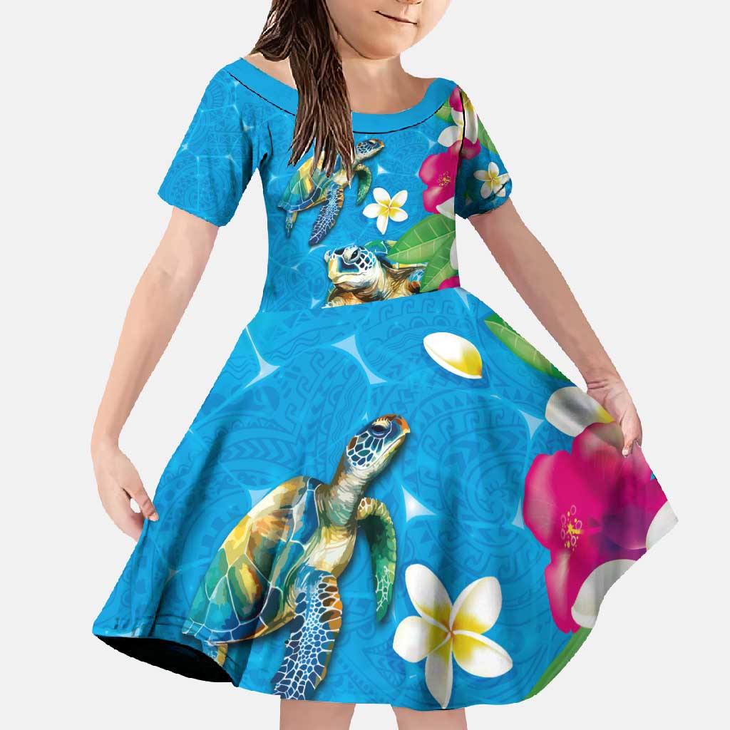 Hawaiian Tropical Flower and Honu Under Blue Water Family Matching Short Sleeve Bodycon Dress and Hawaiian Shirt LT03 Daughter's Dress Blue - Polynesian Pride