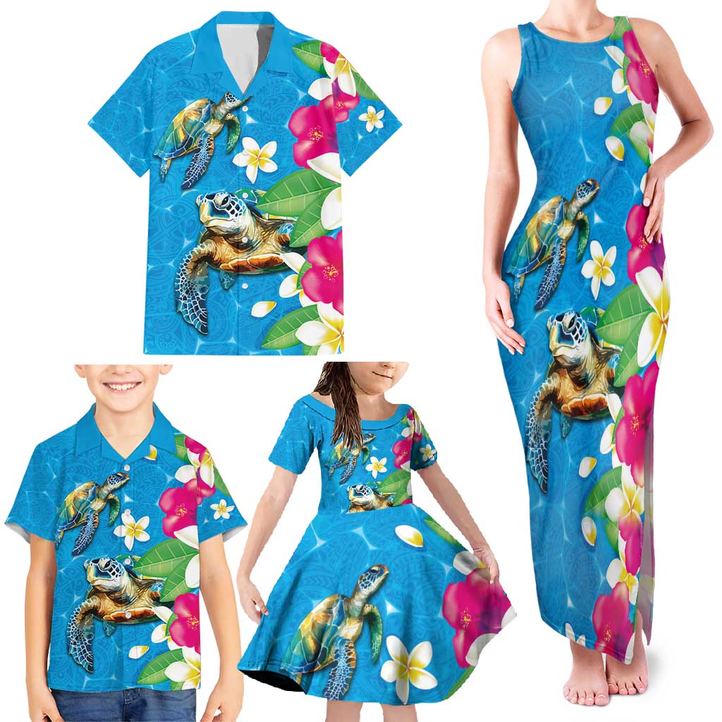 Hawaiian Tropical Flower and Honu Under Blue Water Family Matching Tank Maxi Dress and Hawaiian Shirt