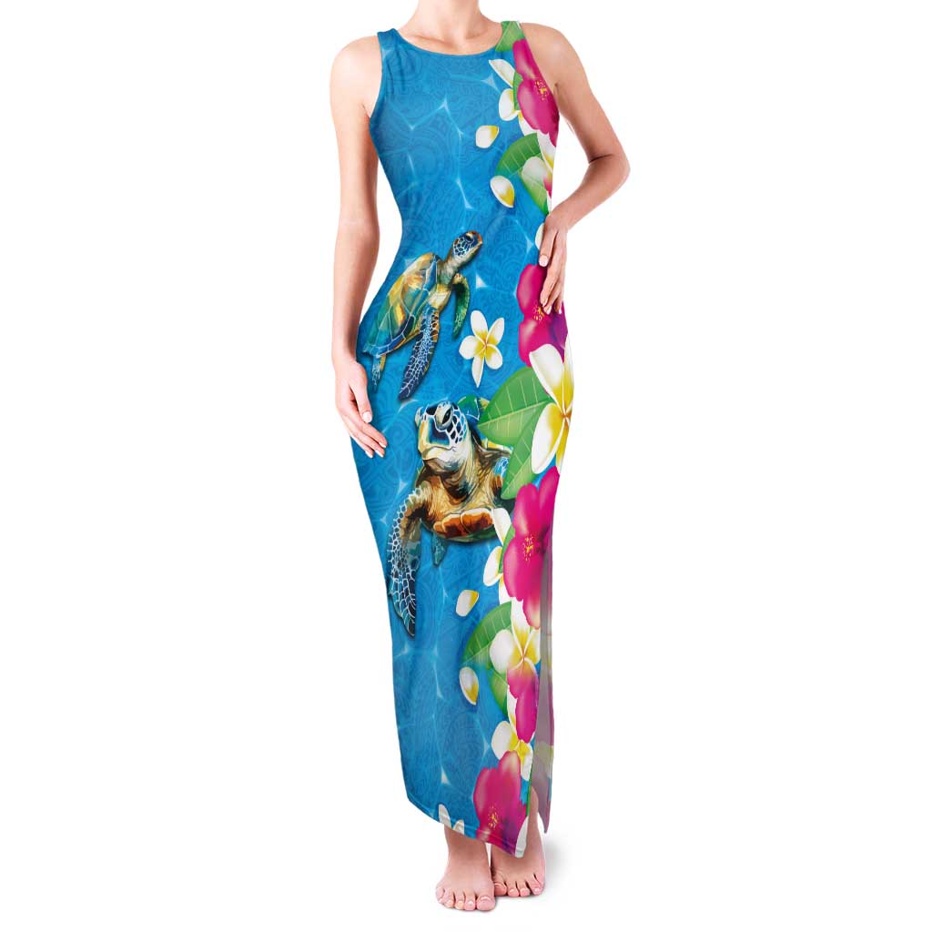 Hawaiian Tropical Flower and Honu Under Blue Water Family Matching Tank Maxi Dress and Hawaiian Shirt