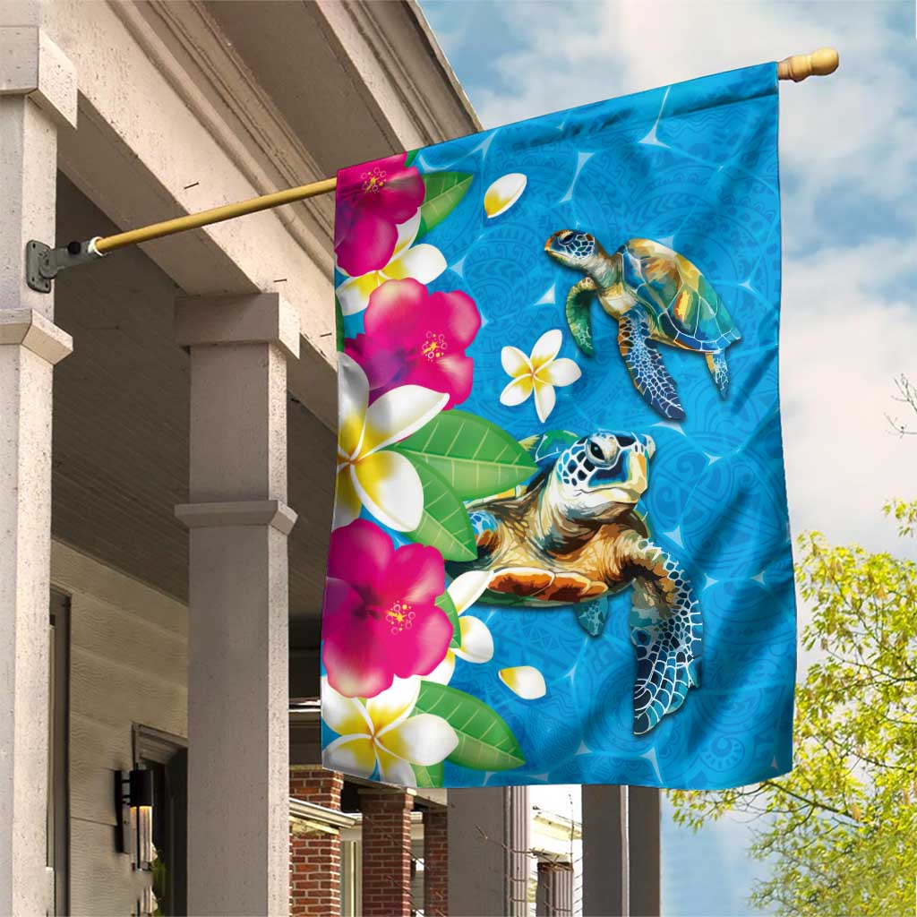 Hawaiian Tropical Flower and Honu Under Blue Water Garden Flag