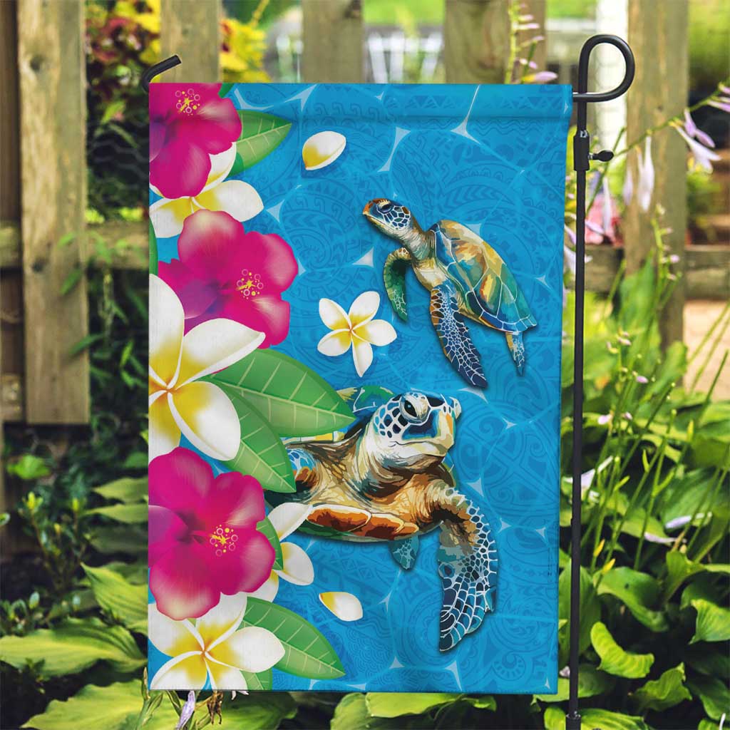 Hawaiian Tropical Flower and Honu Under Blue Water Garden Flag LT03 Garden Flag Blue - Polynesian Pride