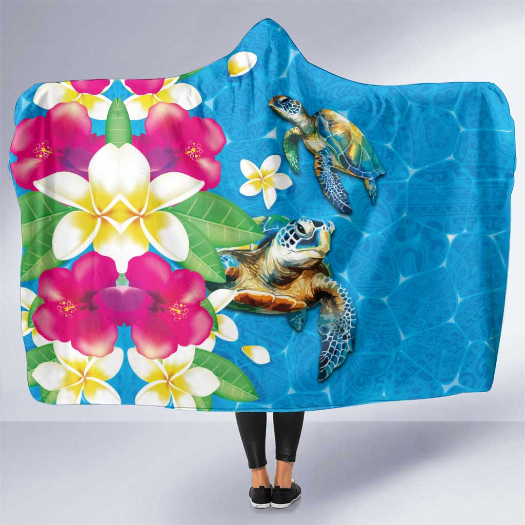 Hawaiian Tropical Flower and Honu Under Blue Water Hooded Blanket