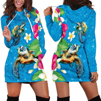 Hawaiian Tropical Flower and Honu Under Blue Water Hoodie Dress LT03 - Polynesian Pride