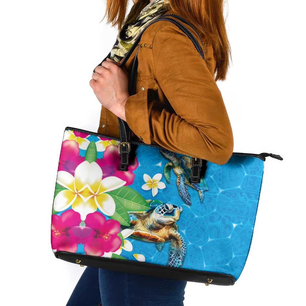 Hawaiian Tropical Flower and Honu Under Blue Water Leather Tote Bag LT03 Blue - Polynesian Pride