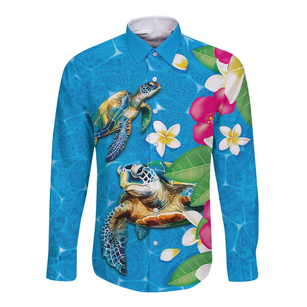 Hawaiian Tropical Flower and Honu Under Blue Water Long Sleeve Button Shirt