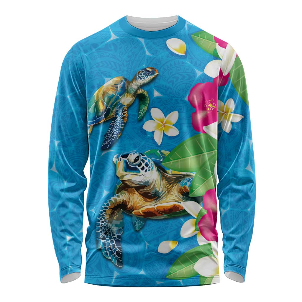 Hawaiian Tropical Flower and Honu Under Blue Water Long Sleeve Shirt