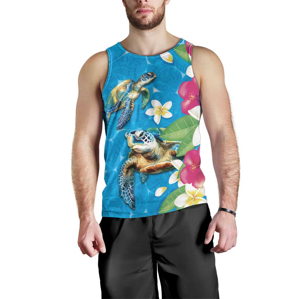Hawaiian Tropical Flower and Honu Under Blue Water Men Tank Top LT03 - Polynesian Pride