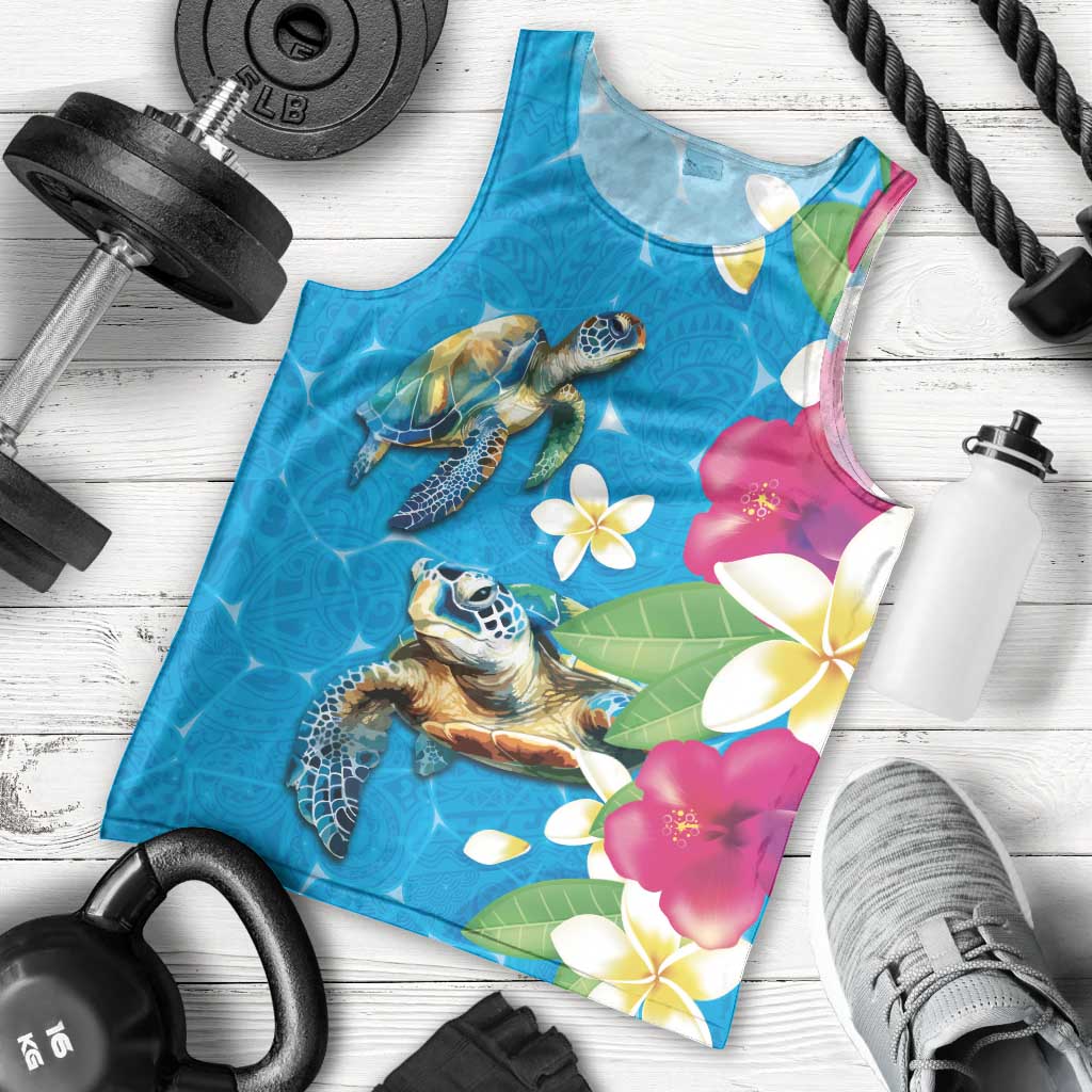 Hawaiian Tropical Flower and Honu Under Blue Water Men Tank Top LT03 - Polynesian Pride