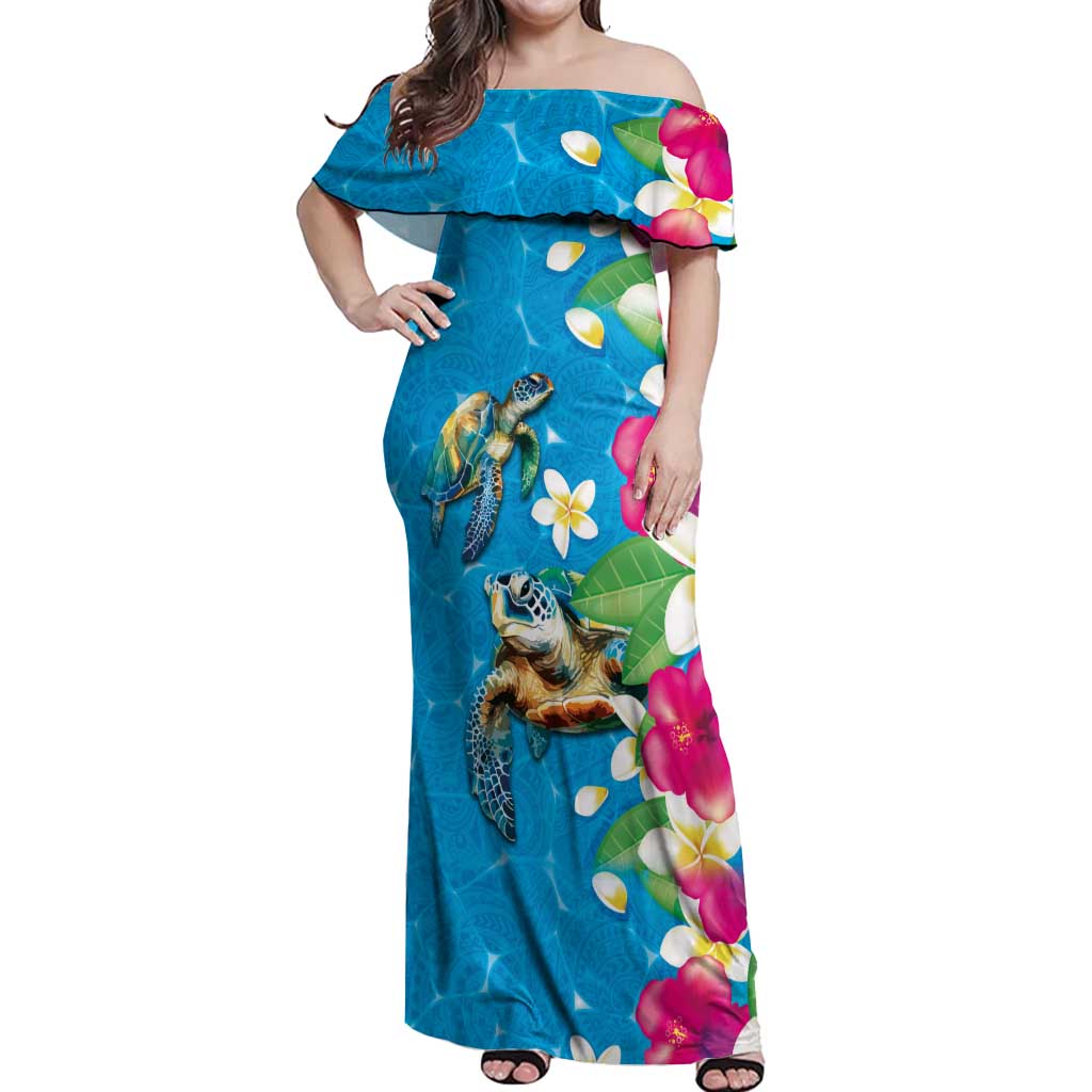 Hawaiian Tropical Flower and Honu Under Blue Water Off Shoulder Maxi Dress LT03 Women Blue - Polynesian Pride