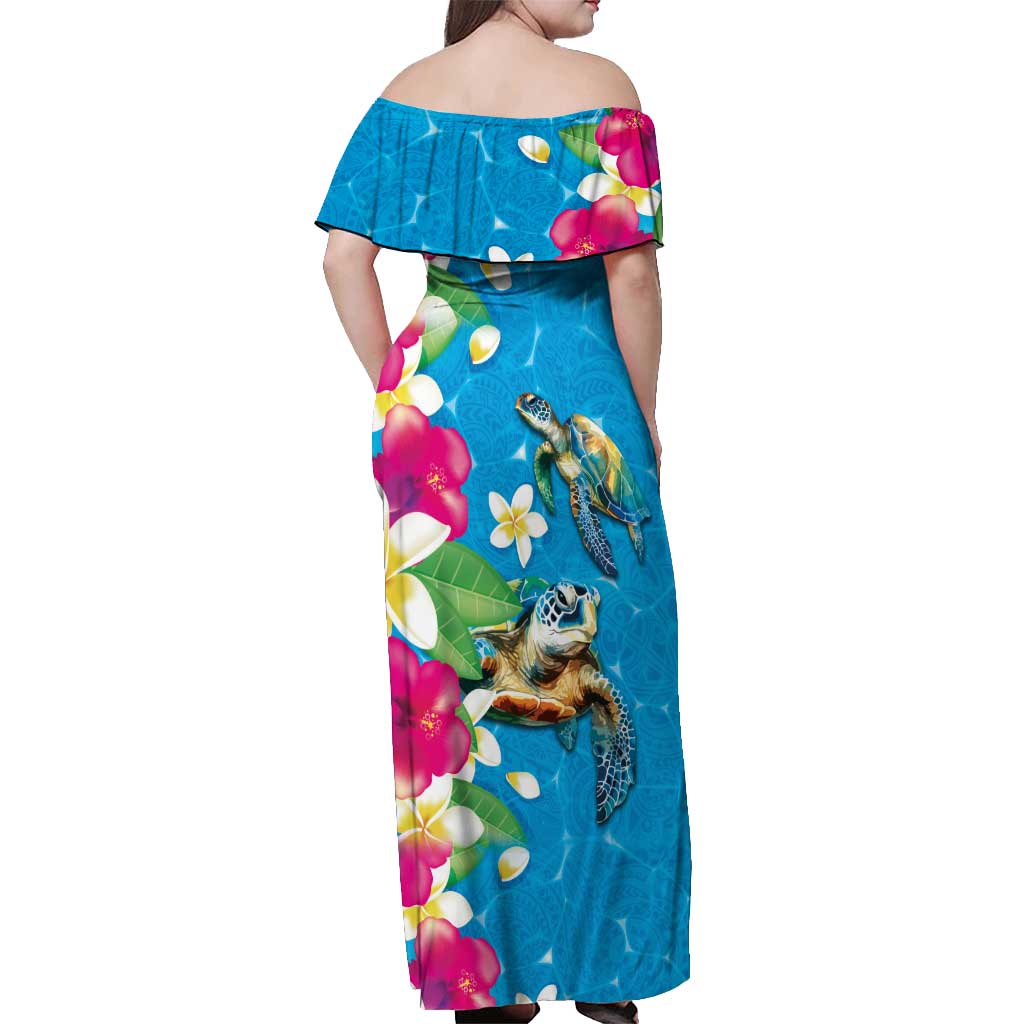 Hawaiian Tropical Flower and Honu Under Blue Water Off Shoulder Maxi Dress LT03 - Polynesian Pride