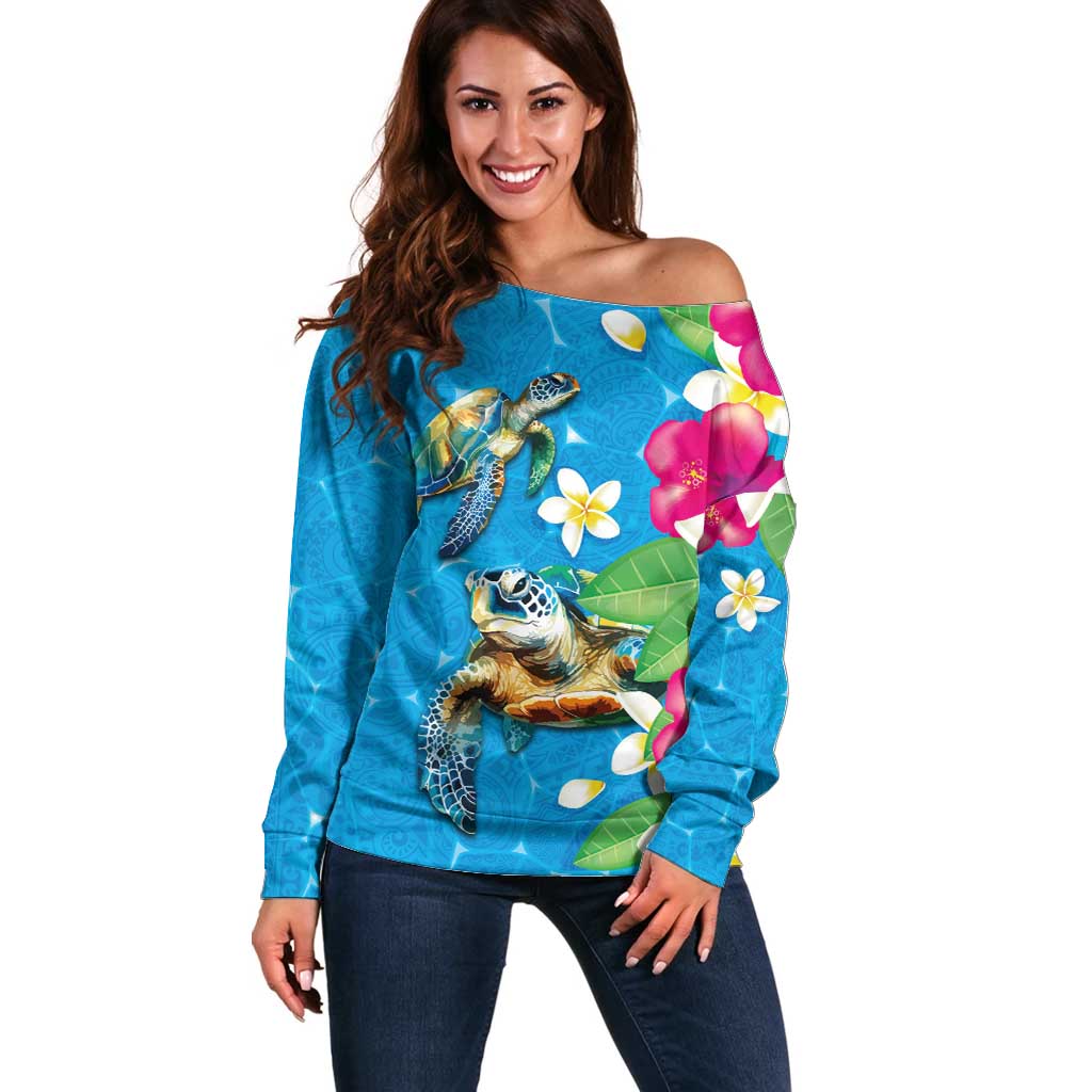 Hawaiian Tropical Flower and Honu Under Blue Water Off Shoulder Sweater