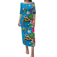 Hawaiian Tropical Flower and Honu Under Blue Water Puletasi LT03 Long Dress Blue - Polynesian Pride