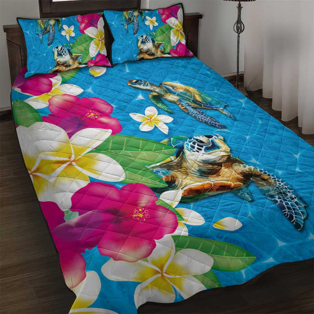 Hawaiian Tropical Flower and Honu Under Blue Water Quilt Bed Set