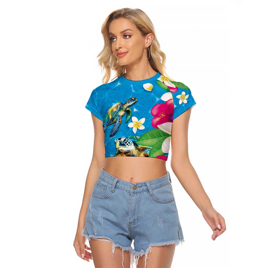 Hawaiian Tropical Flower and Honu Under Blue Water Raglan Cropped T Shirt