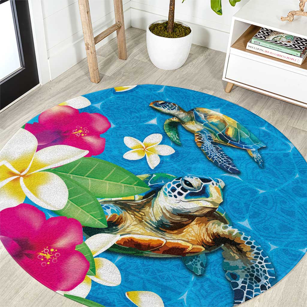 Hawaiian Tropical Flower and Honu Under Blue Water Round Carpet