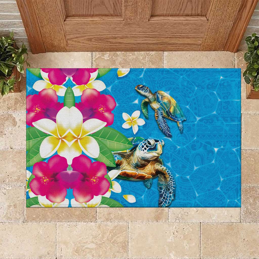 Hawaiian Tropical Flower and Honu Under Blue Water Rubber Doormat